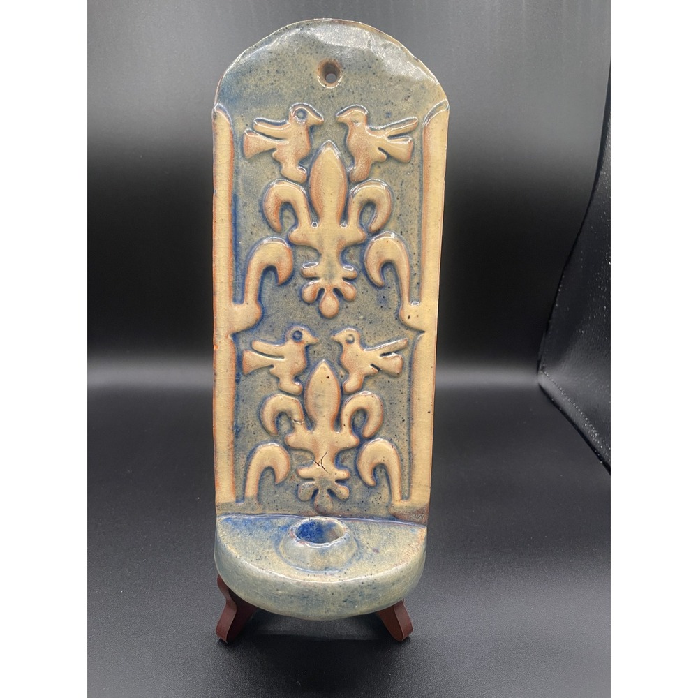 Vintage 1995 Moravian Pottery Wall Sconce Bird Fleur De Lis Blue Salt Glaze 10in